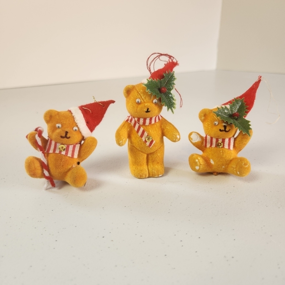 Vintage Flocked Bear Christmas Tree Ornament Lot Yellow MCM 60s 70s Kitsch